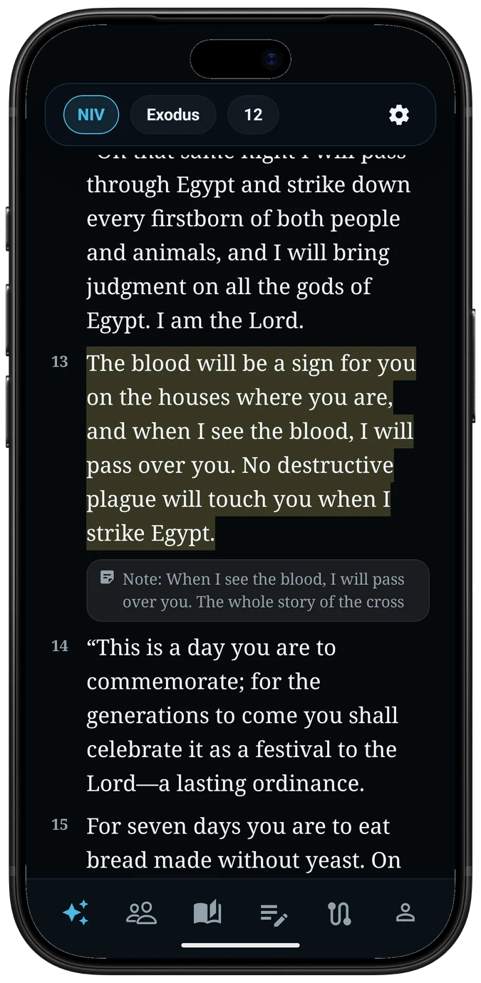 The Bible reader on Exodus 12 in the NIV, with verse 13 highlighted and a note beneath it