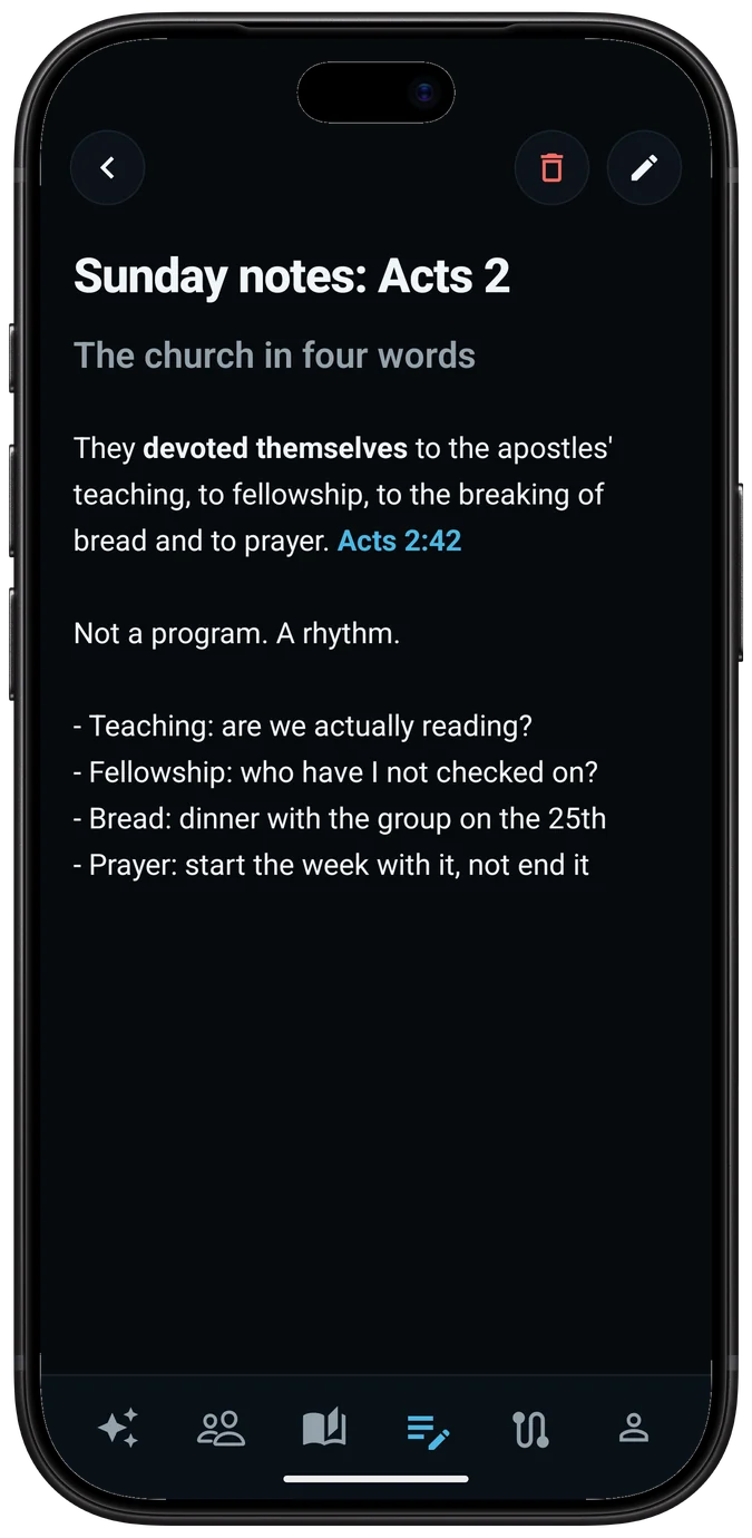 A Reflection titled Sunday notes: Acts 2, with Acts 2:42 linked to the verse