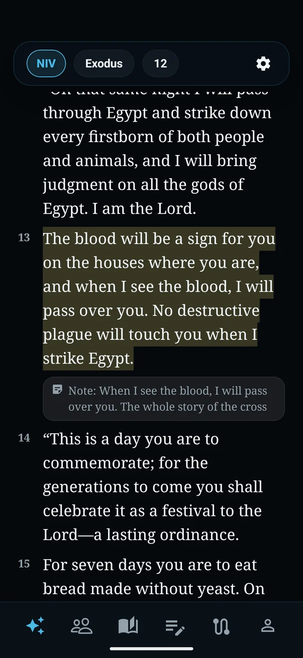 The Bible reader on Exodus 12 in the NIV, with verse 13 highlighted and a note beneath it