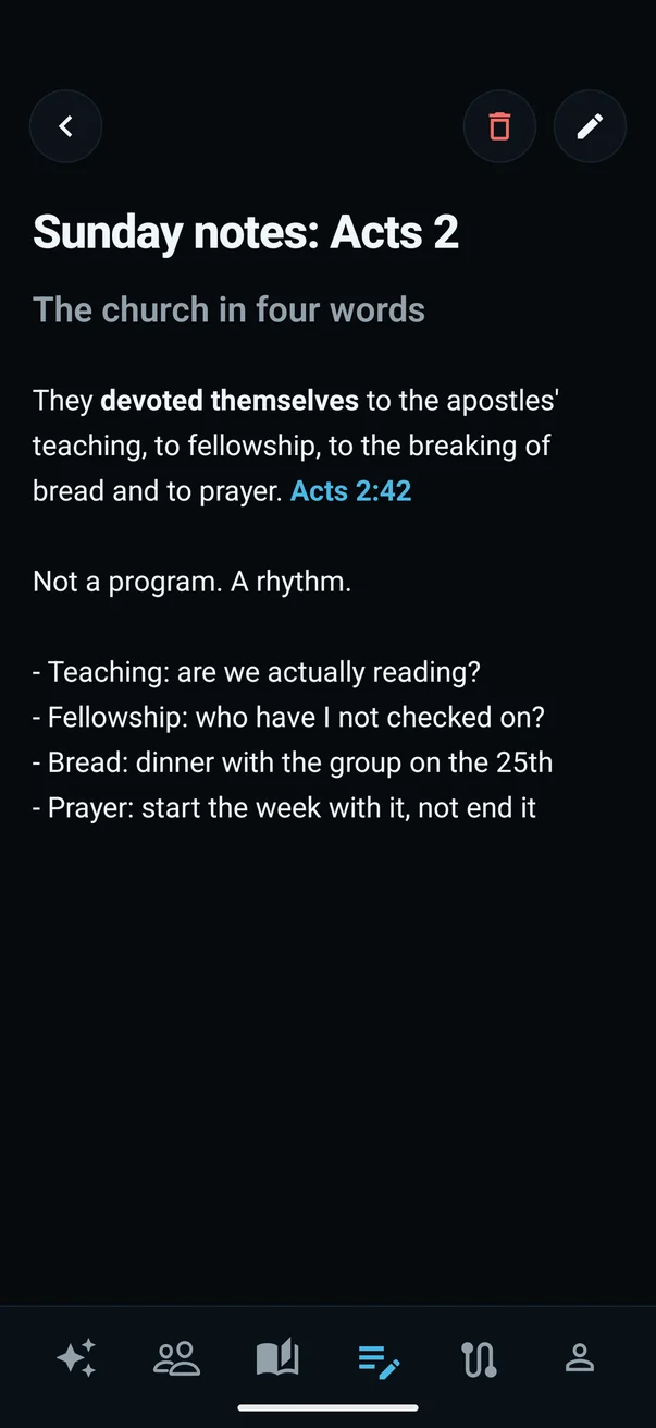 A Reflection titled Sunday notes: Acts 2, with Acts 2:42 linked to the verse