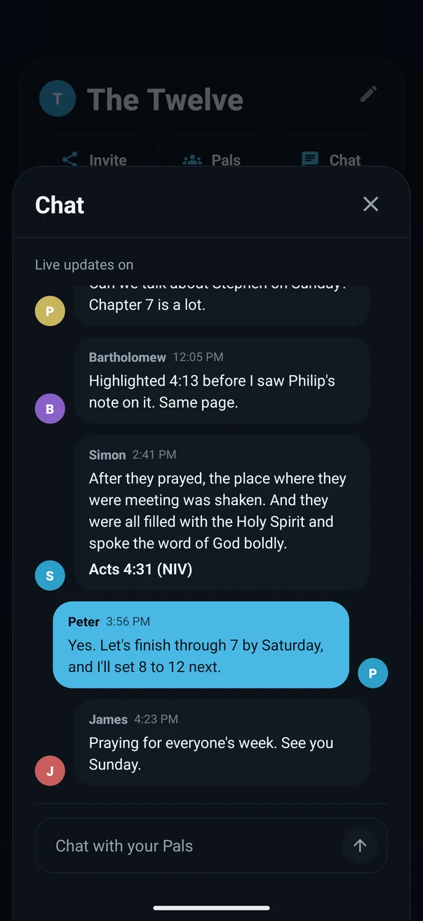 The Twelve’s group chat, with a shared verse from Acts 4:31 and plans for Sunday
