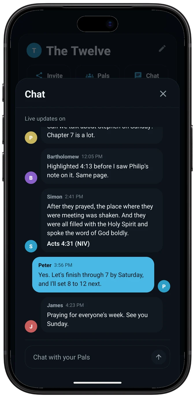The Twelve’s group chat, with a shared verse from Acts 4:31 and plans for Sunday