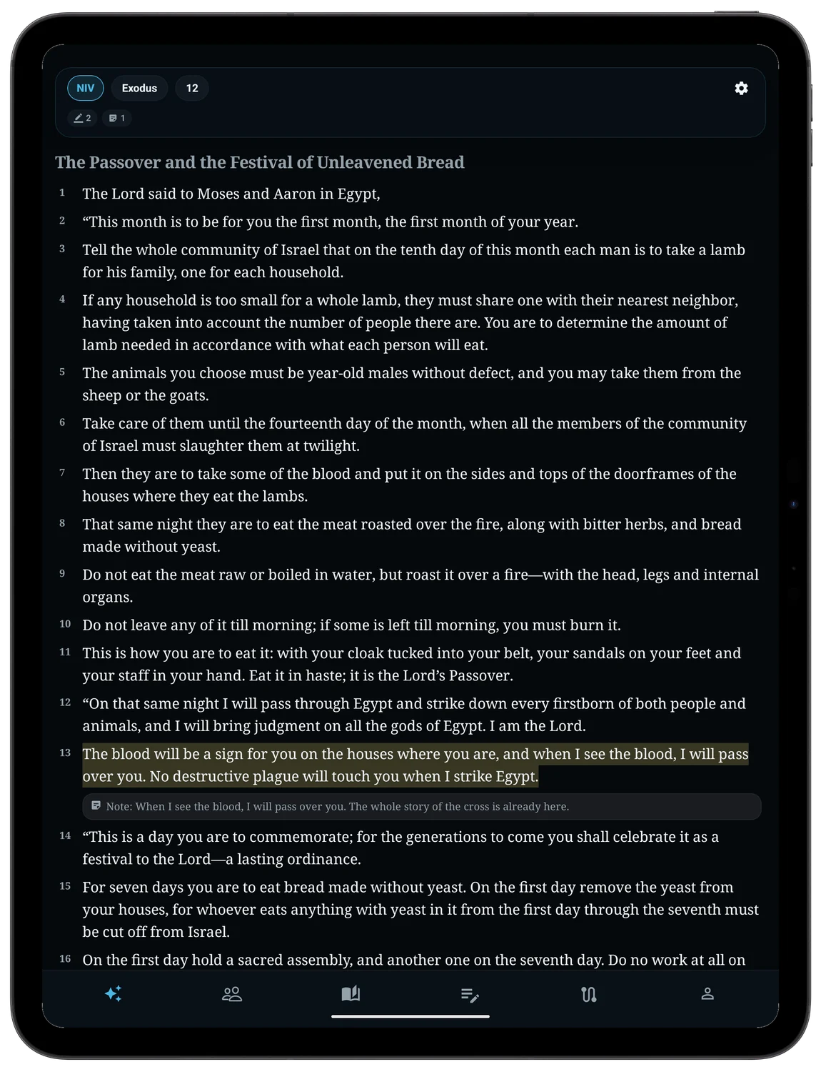 The Bible reader on iPad, open on Exodus 12 with verse 13 highlighted and a note beneath it